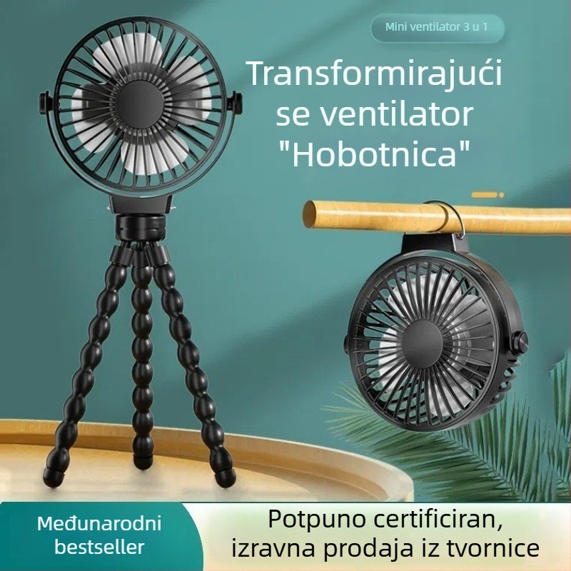 Ventilator u obliku hobotnice s ugrađenom baterijom, 3 brzine, stolni i za kolica, USB prijenosni ventilator