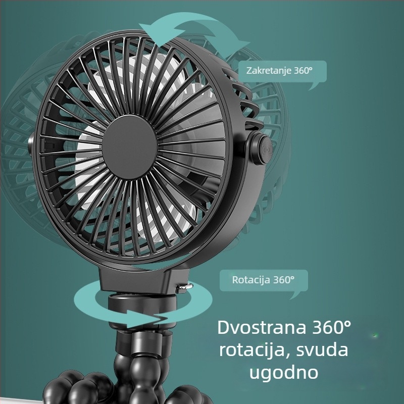 Ventilator u obliku hobotnice s ugrađenom baterijom, 3 brzine, stolni i za kolica, USB prijenosni ventilator