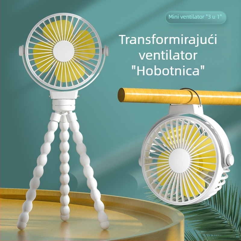 Ventilator u obliku hobotnice s ugrađenom baterijom, 3 brzine, stolni i za kolica, USB prijenosni ventilator
