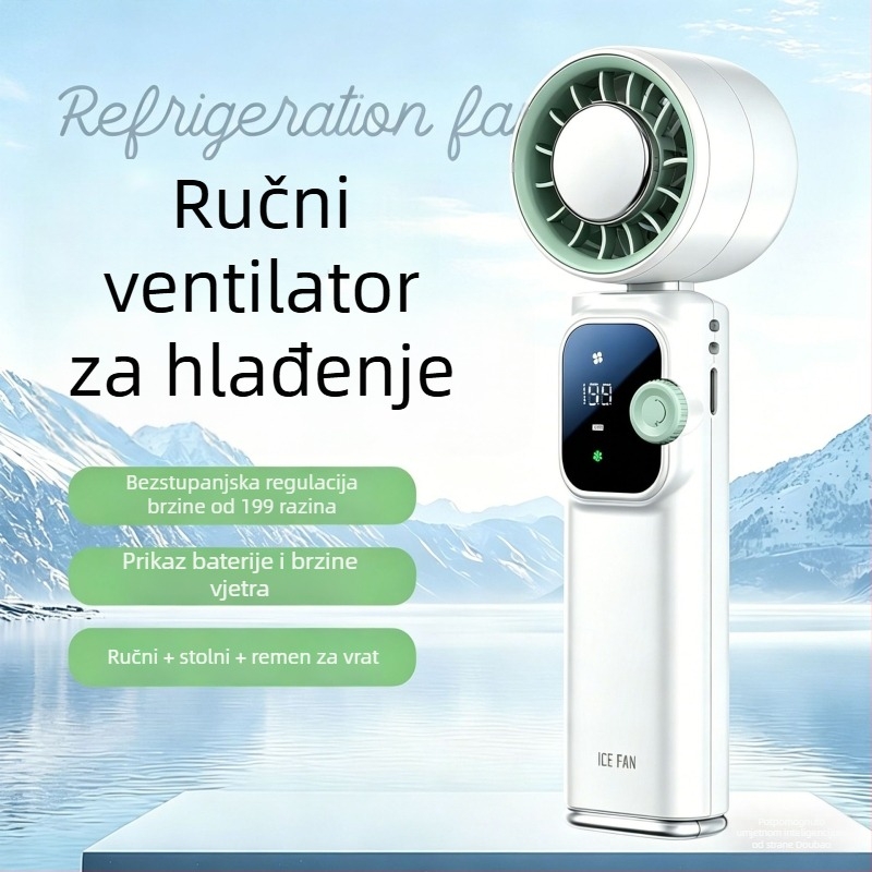 Prijenosni USB ventilator s hlađenjem ledom, ručni, sklopni turbinski dizajn, mini ventilator za vanjsku upotrebu, 6 lopatica, ugrađena baterija 4000–6000 mAh, USB napajanje, tih do 36 dB
