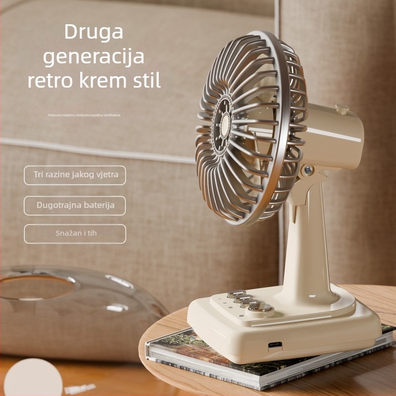 Retro krem boje stolni ventilator, punjivi, kompaktan prijenosni električni ventilator za ured i dom