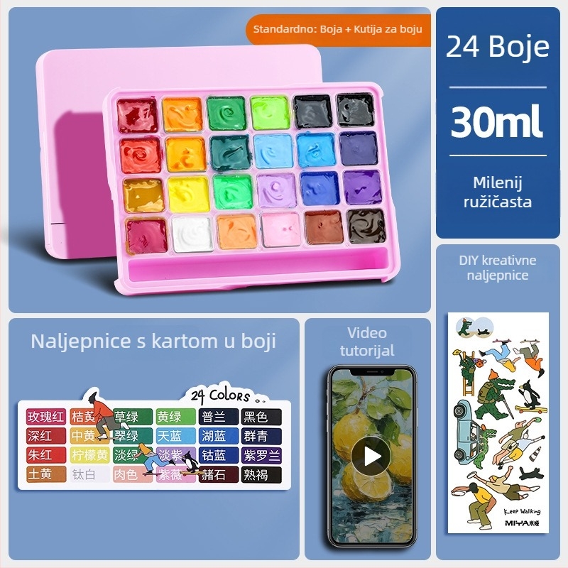 Mia gel gouache set, serija M, 24 boja, prenosive boje za početnike