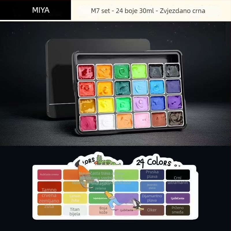 Mia gouache 24 boja 30 ml – set za umjetnost, prijenosni početnički paket M7