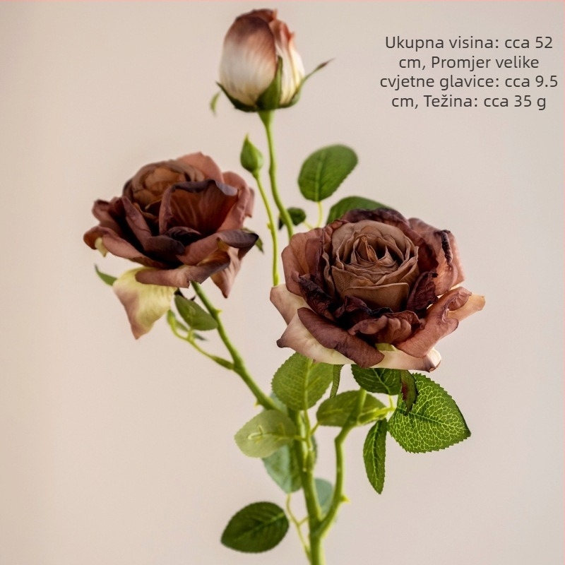 Umjetni buket od dvije ruže i jednog lista, sušene ruže s tostiranim rubovima, dekor dnevnog boravka, retro jesenske nijanse