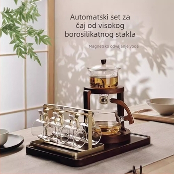 Visokokvalitetan stakleni čajni set s potpuno automatskim sustavom za pripremu čaja, za ured i dom, s drvenim pladnjem, za 3–5 osoba
