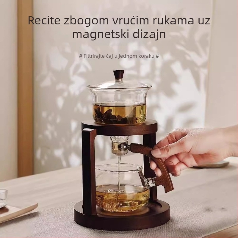 Visokokvalitetan stakleni čajni set s potpuno automatskim sustavom za pripremu čaja, za ured i dom, s drvenim pladnjem, za 3–5 osoba