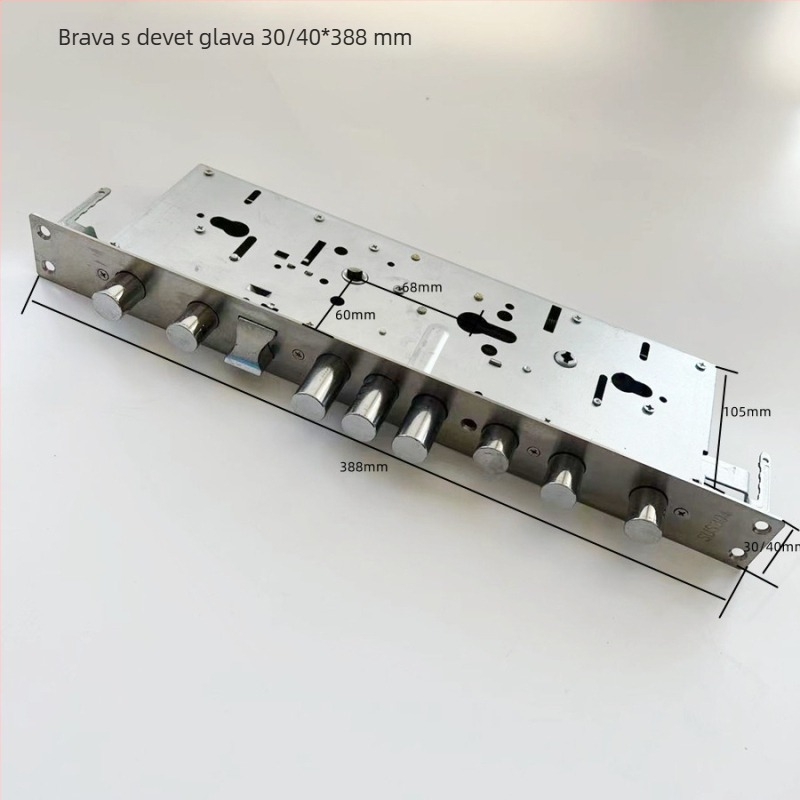 Tijelo brave za sigurnosna vrata 40×388, model 6068, nestandardni čelični prednji dio, brava s devet kukica