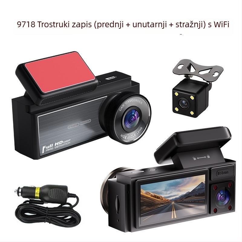 Dash kamera za auto s tri objektiva, 360° pogled, noćni vid, Wi-Fi, 1080p
