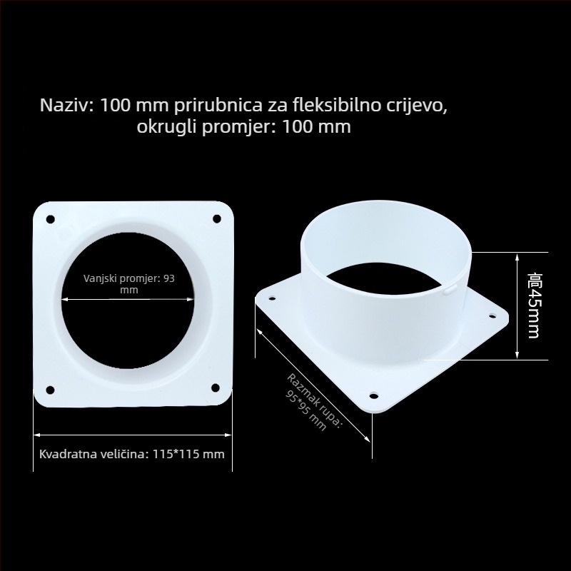 ABS spojka za sustav centralne klimatizacije i svježeg zraka, spoj za zračnu cijev, četverokutno-okrugli adapter za kuhinjski napa