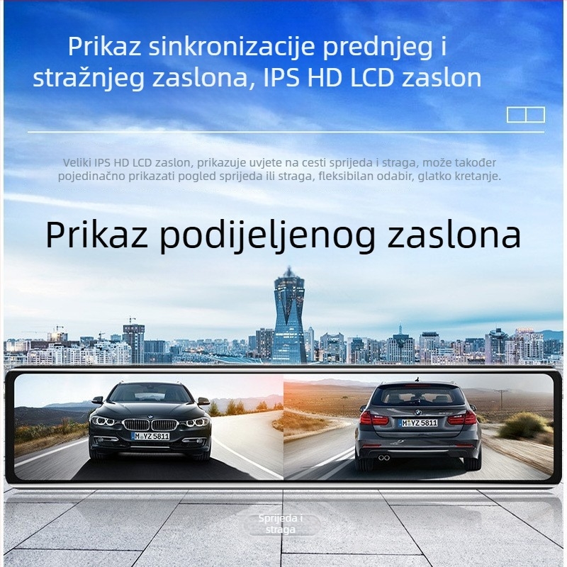 12-inčni retrovizor s dvostrukom objektivom, 4K Ultra HD, Wi‑Fi, noćni vid, GPS, snimanje prednje i stražnje kamere