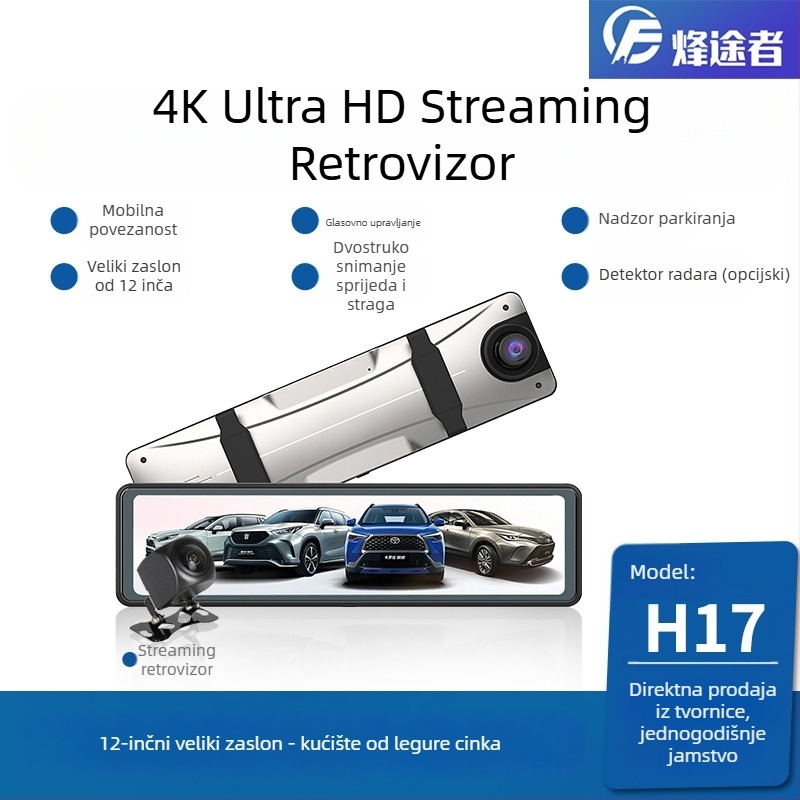 12-inčni retrovizor s dvostrukom objektivom, 4K Ultra HD, Wi‑Fi, noćni vid, GPS, snimanje prednje i stražnje kamere
