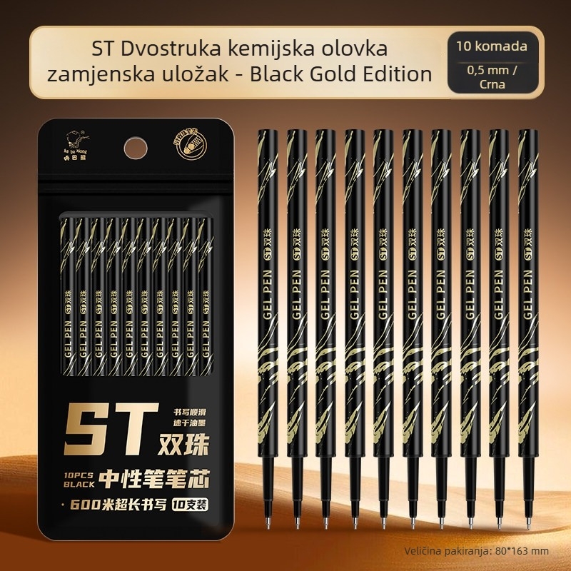 Crni zlatni refil za neutralnu kemijsku olovku s ST vrhom, crna boja, brzo sušenje, glatko pisanje, dvostruka kuglična špička, tinta na bazi ugljika