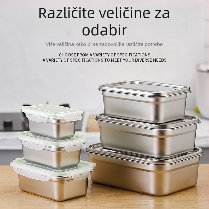 Kutija za ručak od nehrđajućeg čelika 304, pravokutna kutija s čvrstim poklopcem za skladištenje u hladnjaku