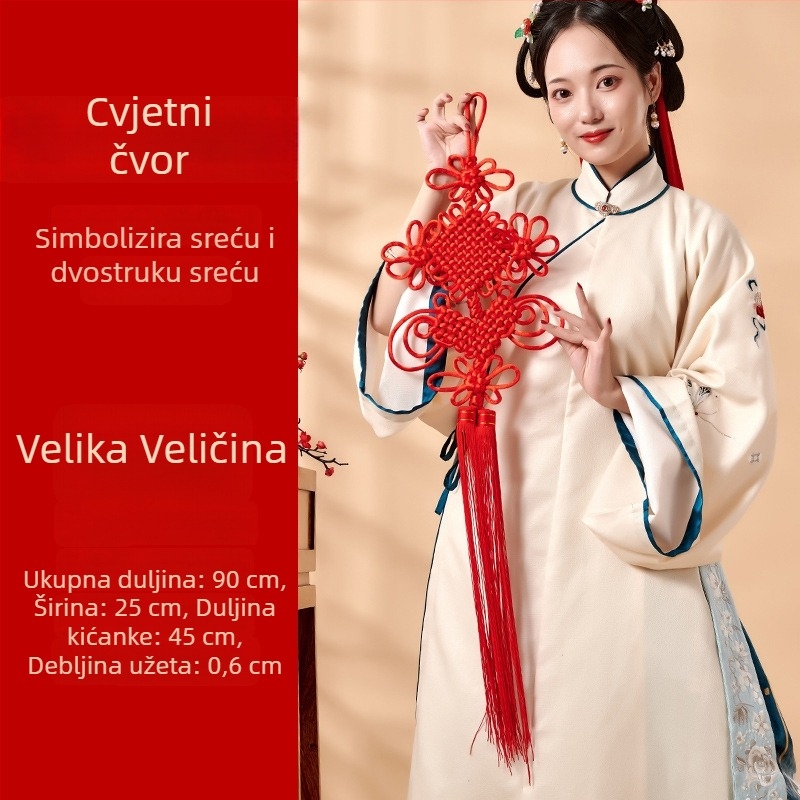Crveni kineski čvorovi ukrasi s koncentričnim uzlom, cvjetnim čvorom, čvorom mira i čvorom bogatstva, u veličinama velikom, srednjem i malom – dekoracija za Proljetni festival