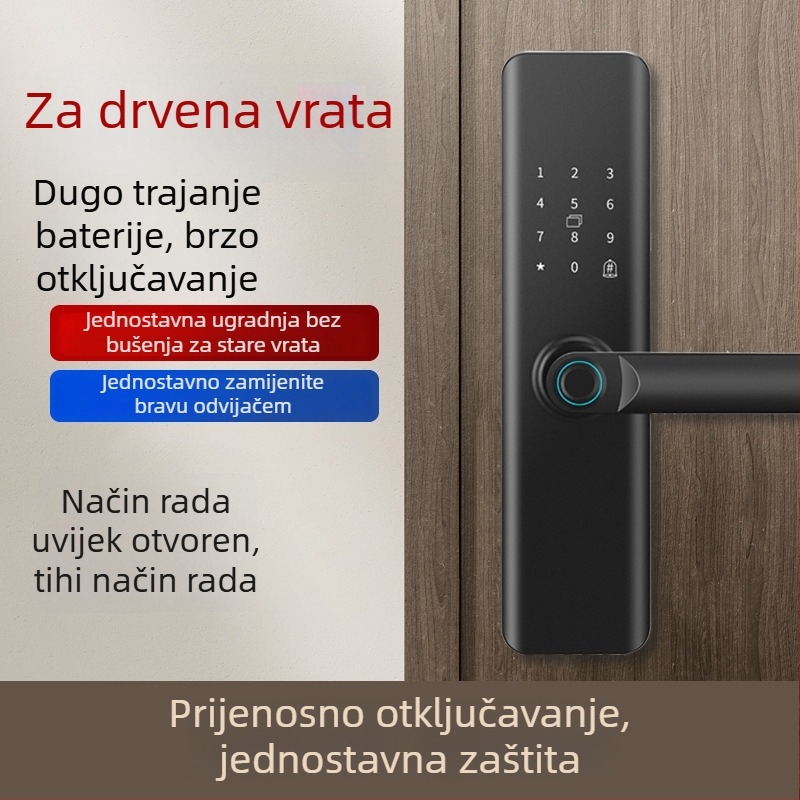 Drveni unutarnji pametni zaključak s otiskom prsta, bez bušenja rupa, za dom, stan i apartmane, s lozinkom i pametnim zaključavanjem