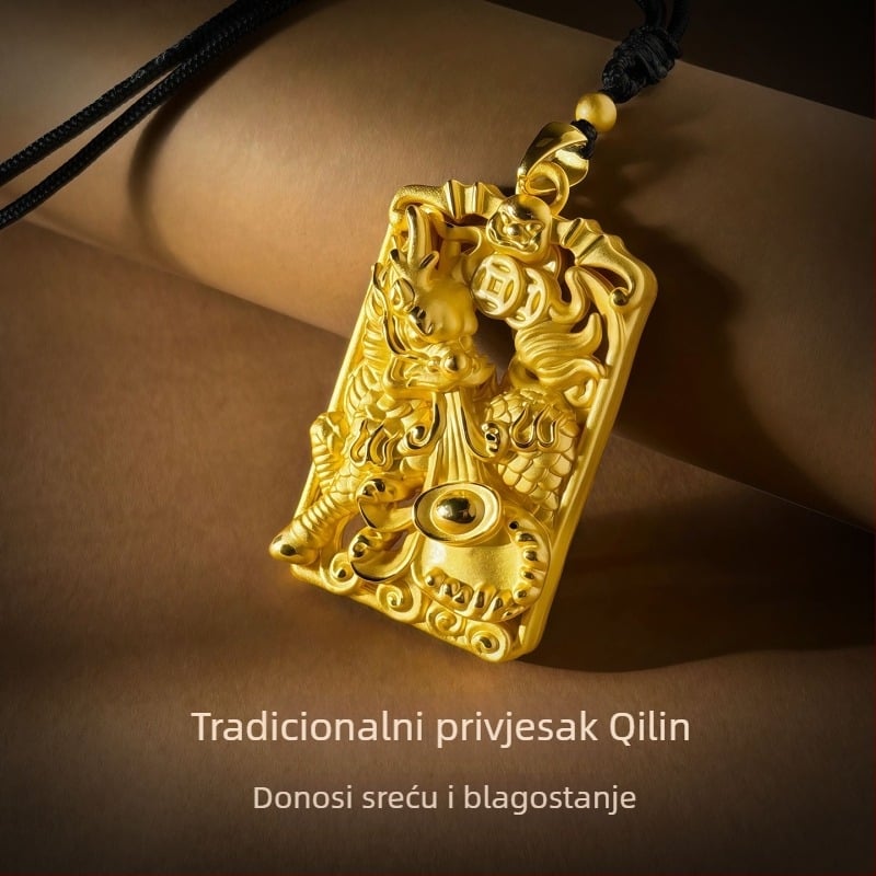 Muški lanac s pozlaćenim privjeskom jednorog, tradicionalni kineski stil, talisman bogatstva