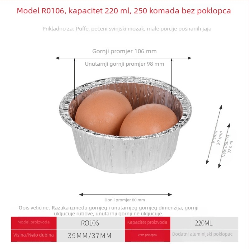 Jednokratna okrugla posuda od aluminijske folije, kapaciteta 400 ml, promjera 85 mm, pogodna za roštilj i parena jaja