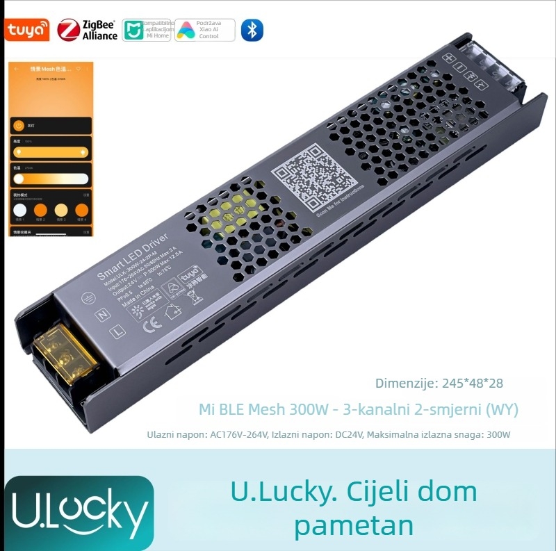 2-kanalni LED kontroler za traku s integriranim 220V transformatorom i napajanjem, upravljanje putem aplikacije