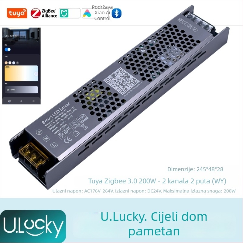 2-kanalni LED kontroler za traku s integriranim 220V transformatorom i napajanjem, upravljanje putem aplikacije