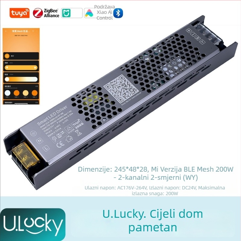 2-kanalni LED kontroler za traku s integriranim 220V transformatorom i napajanjem, upravljanje putem aplikacije