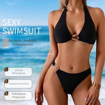 Seksi ženski dvodijelni bikini s metalnim prstenom na vratu, podesivim trakama i otvorenim leđima, s jastučićima za grudi