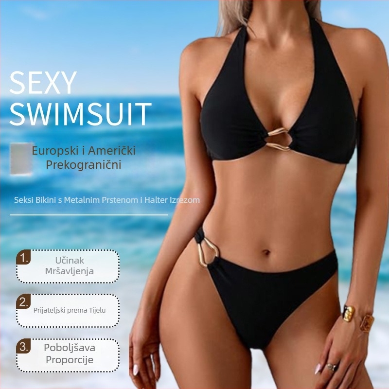 Seksi ženski dvodijelni bikini s metalnim prstenom na vratu, podesivim trakama i otvorenim leđima, s jastučićima za grudi
