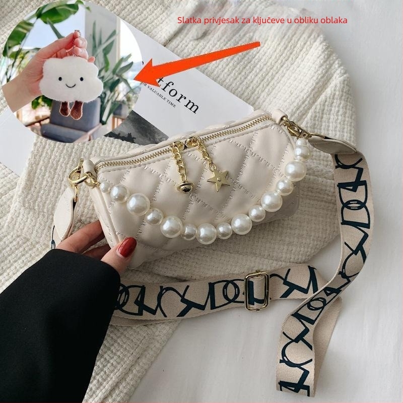 Ženska mini crossbody torbica s bisernim lancem, ljeto, cilindrični oblik, luksuzan izgled