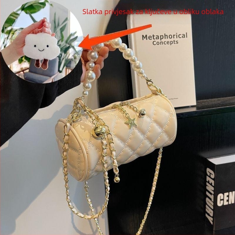 Ženska mini crossbody torbica s bisernim lancem, ljeto, cilindrični oblik, luksuzan izgled
