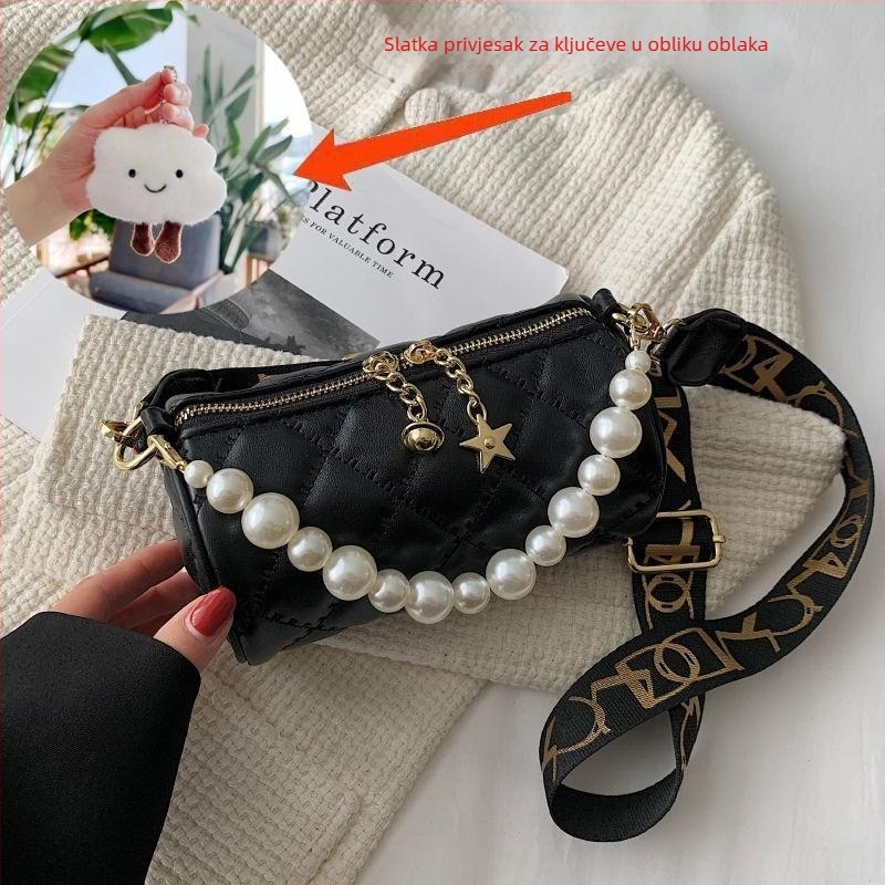Ženska mini crossbody torbica s bisernim lancem, ljeto, cilindrični oblik, luksuzan izgled