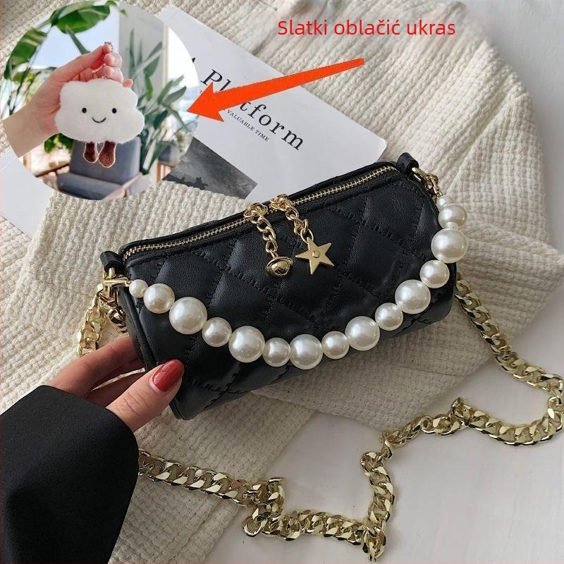 Ženska mini crossbody torbica s bisernim lancem, ljeto, cilindrični oblik, luksuzan izgled