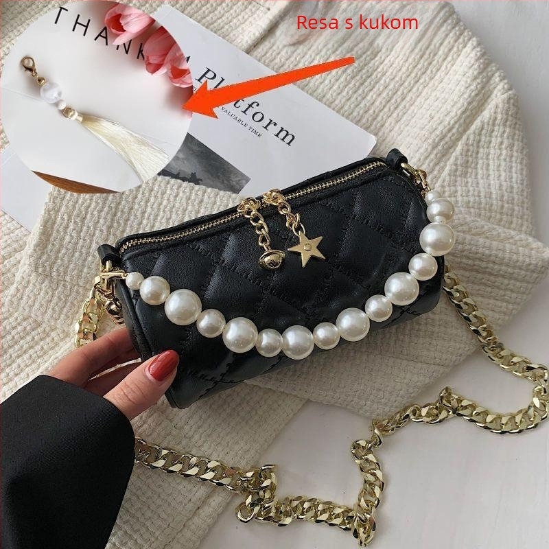 Ženska mini crossbody torbica s bisernim lancem, ljeto, cilindrični oblik, luksuzan izgled