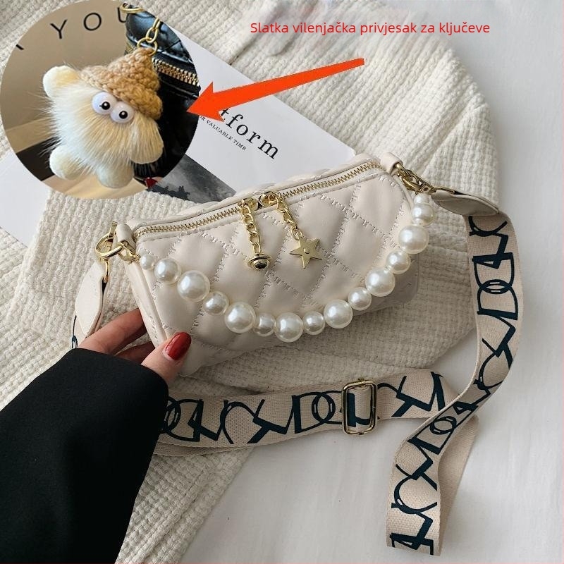 Ženska mini crossbody torbica s bisernim lancem, ljeto, cilindrični oblik, luksuzan izgled