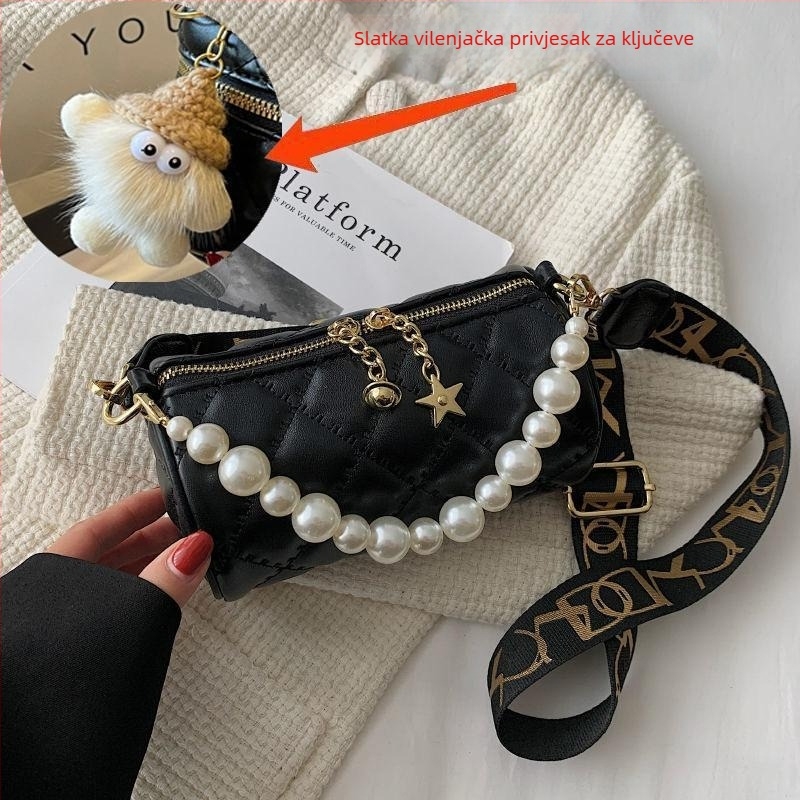 Ženska mini crossbody torbica s bisernim lancem, ljeto, cilindrični oblik, luksuzan izgled
