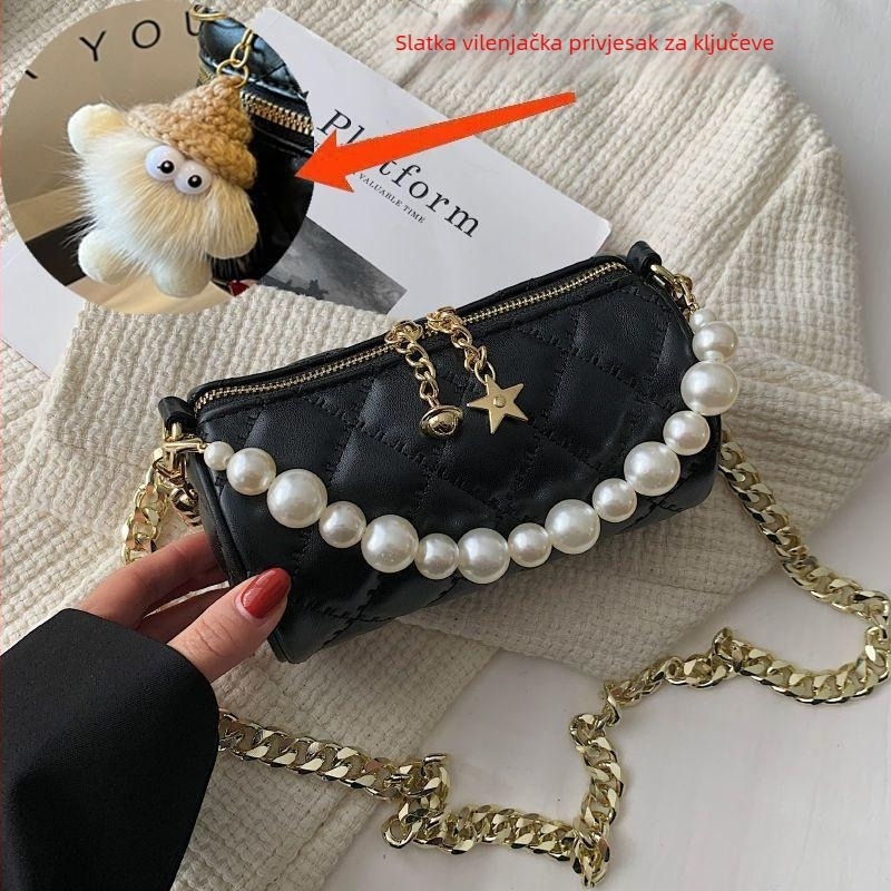 Ženska mini crossbody torbica s bisernim lancem, ljeto, cilindrični oblik, luksuzan izgled