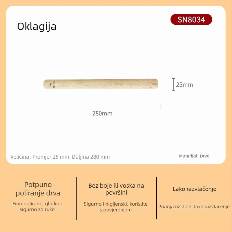Velički drveni valjak za tijesto, kućna upotreba, pogodan za listove za knedle, tijesto za razvlačenje, rezance, pečenje — SN8034