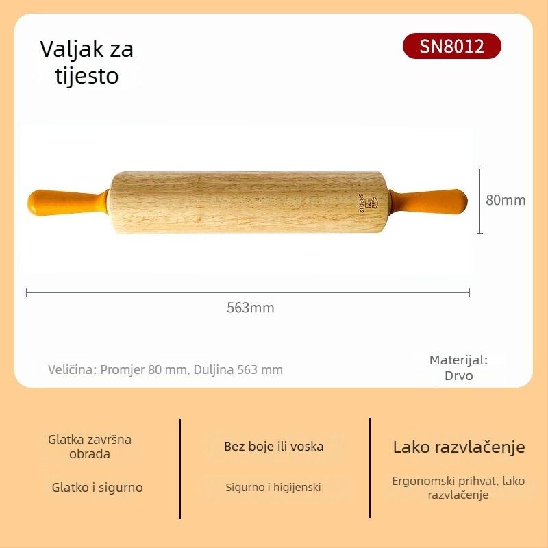 Velički drveni valjak za tijesto, kućna upotreba, pogodan za listove za knedle, tijesto za razvlačenje, rezance, pečenje — SN8034