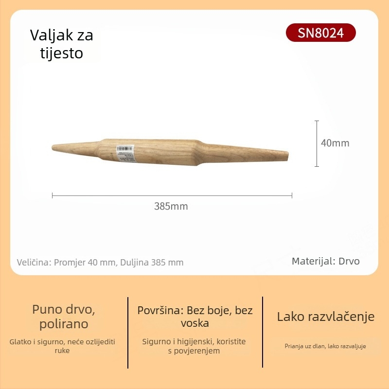 Velički drveni valjak za tijesto, kućna upotreba, pogodan za listove za knedle, tijesto za razvlačenje, rezance, pečenje — SN8034