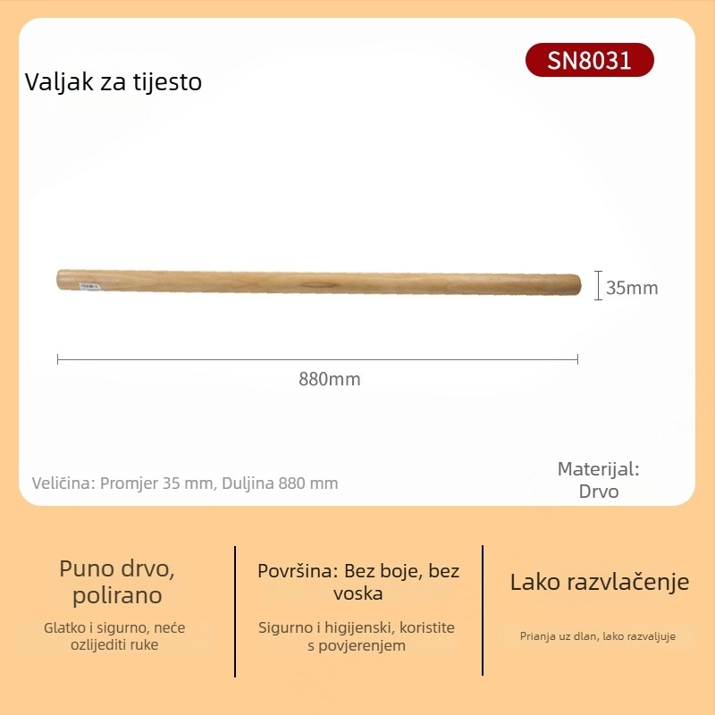 Velički drveni valjak za tijesto, kućna upotreba, pogodan za listove za knedle, tijesto za razvlačenje, rezance, pečenje — SN8034