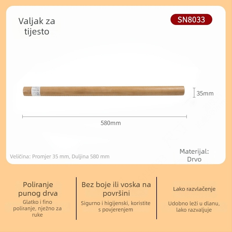 Velički drveni valjak za tijesto, kućna upotreba, pogodan za listove za knedle, tijesto za razvlačenje, rezance, pečenje — SN8034
