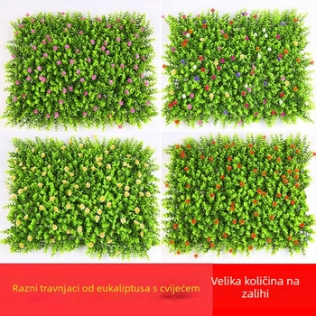 Umjetna stijena s biljem i travnjakom, zid od plastičnih cvjetova, vanjska pozadina s travom za dekor, vrlo realističan izgled.
