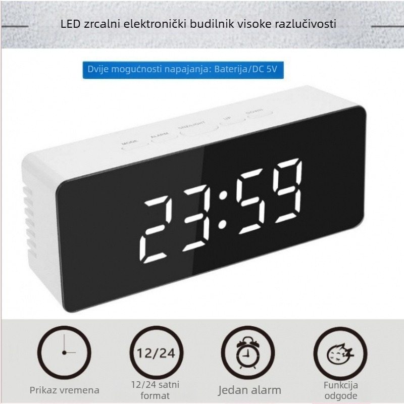 LED moderni minimalistički budilnik sa zrcalnom površinom i digitalnim prikazom temperature