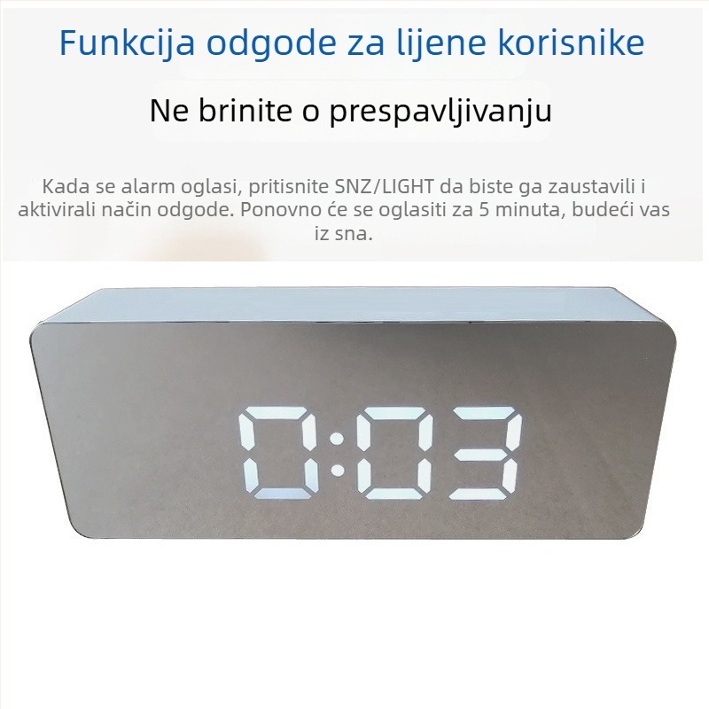 LED moderni minimalistički budilnik sa zrcalnom površinom i digitalnim prikazom temperature