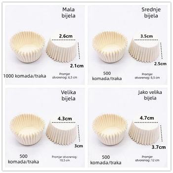 Papirne podloške za torte i baze za tartove kolače, muffine i čaše za tijesto; velike, srednje i male veličine; otporne podloge za pečenje na ulje; čašice s jagodama
