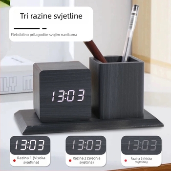 LED sat s držačem za olovke, noćno svjetlo i glasovna kontrola, višenamjenski stolni budilnik od drveta