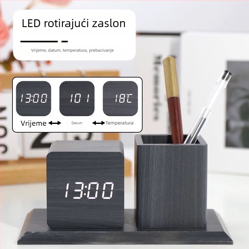LED sat s držačem za olovke, noćno svjetlo i glasovna kontrola, višenamjenski stolni budilnik od drveta