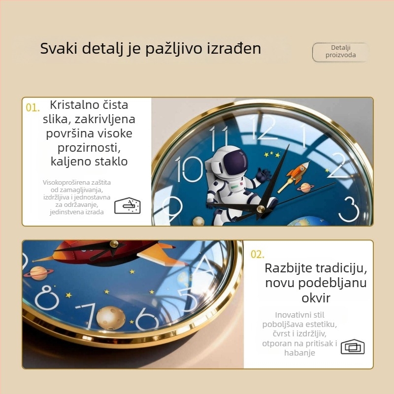 Zidni sat s astronautom za dječju sobu i dnevni boravak, kružni, tihi kvarcni sat