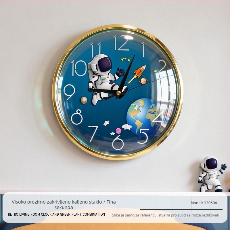 Zidni sat s astronautom za dječju sobu i dnevni boravak, kružni, tihi kvarcni sat