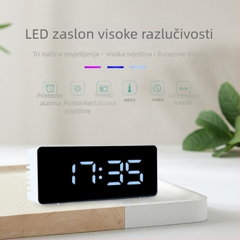 Stolni sat s temperaturom, kalendarom i LED ogledalom, budilica za spavaću sobu