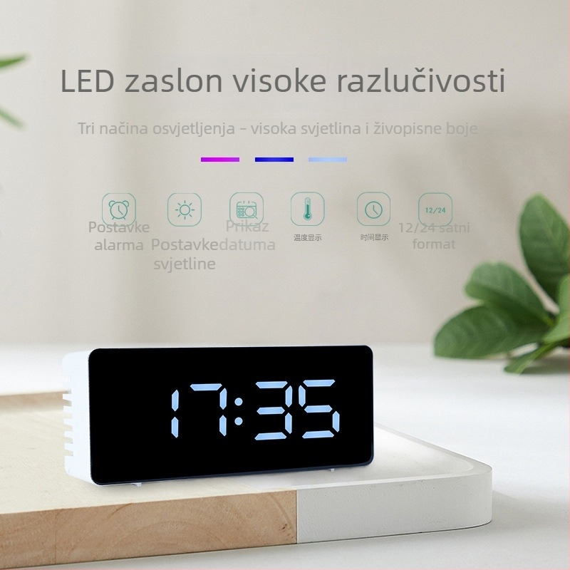 Stolni sat s temperaturom, kalendarom i LED ogledalom, budilica za spavaću sobu