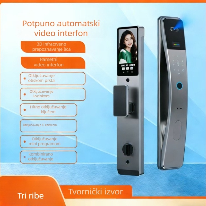 Pametan zasun s automatskim otiskom prsta, 3D prepoznavanje lica, video interkom, pristup lozinkom, elektronički zasun za ulazna vrata